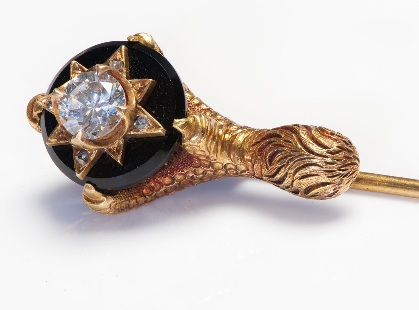 Antique Gold White Sapphire Stone Onyx Claw Stick Pin