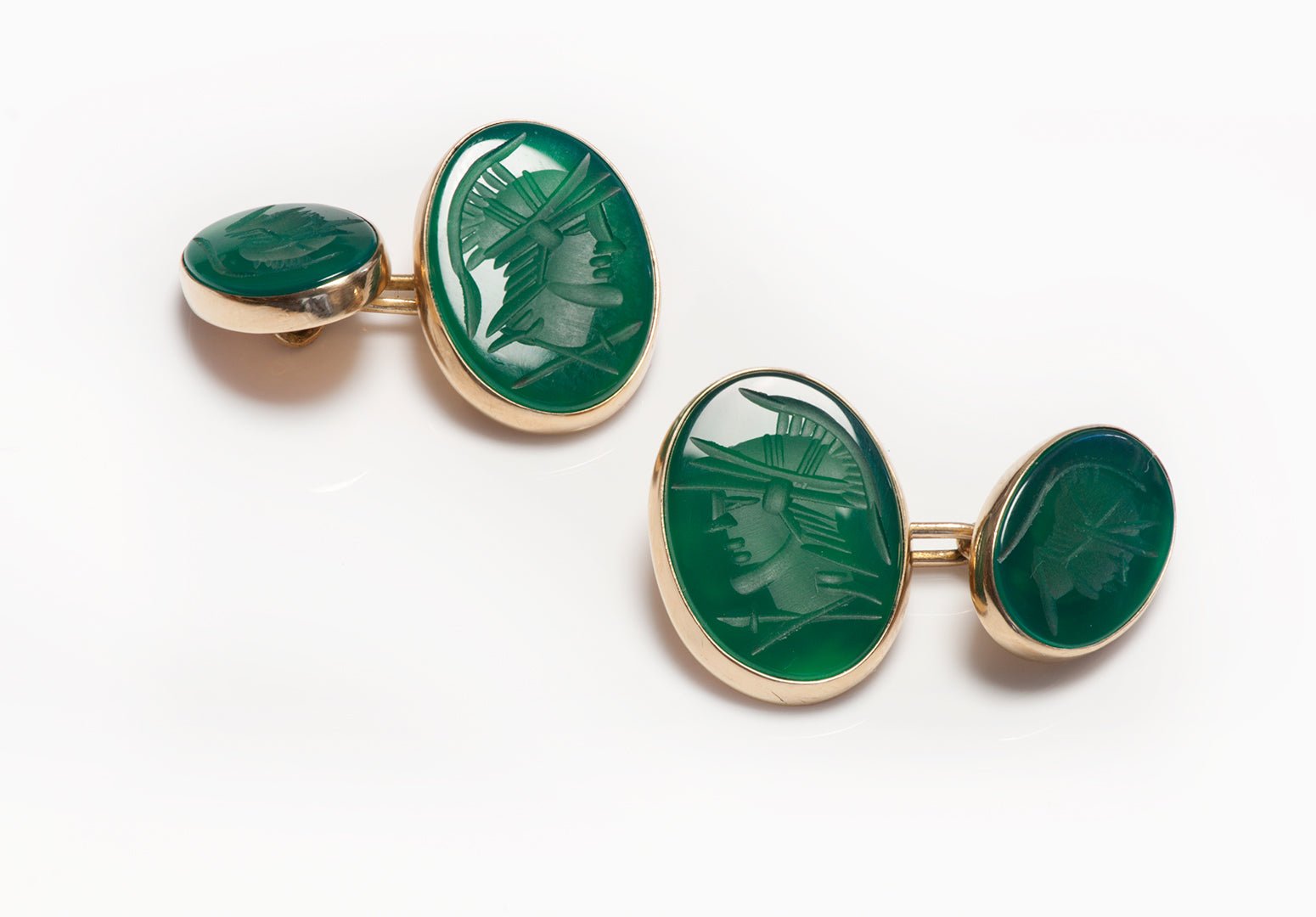 Antique Green Onyx Carved Intaglio Gold Cufflinks - DSF Antique Jewelry