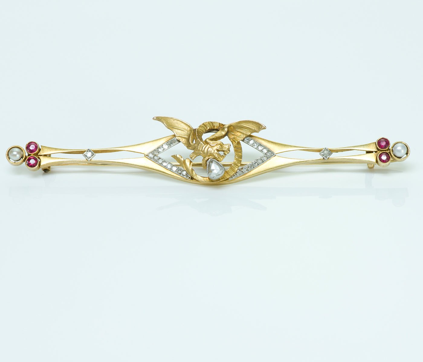 Antique Griffin Gold Diamond Ruby & Pearl Bar Pin - DSF Antique Jewelry