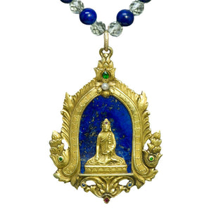 Antique Gustav Manz Buddha Lapis Gemstone 14K Carved Gold Pendant