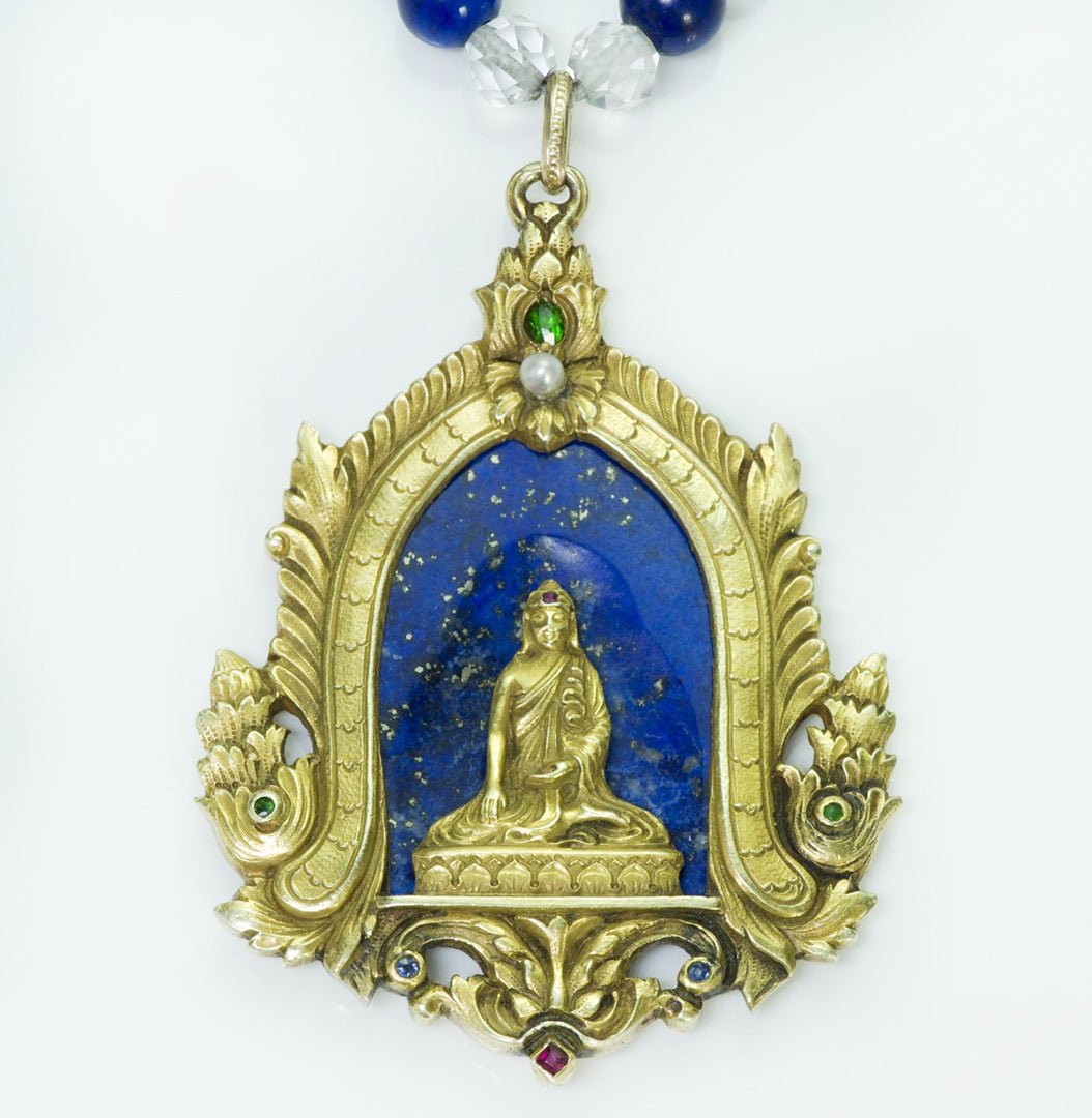 Antique Gustav Manz Buddha Lapis Gemstone 14K Carved Gold Pendant - DSF Antique Jewelry