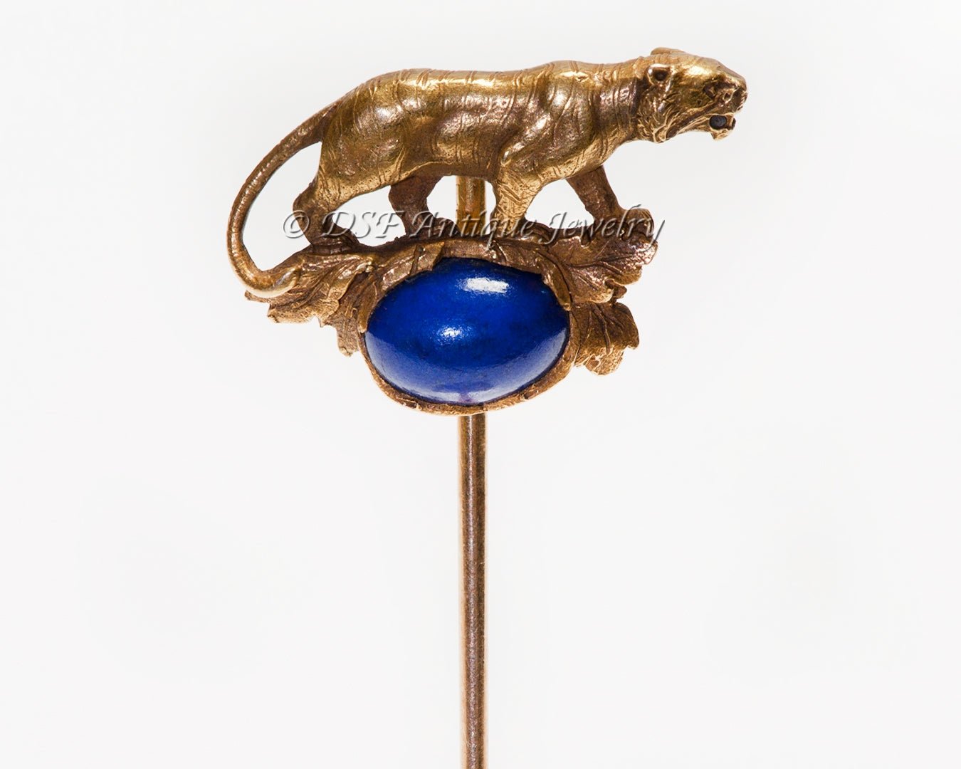 Antique Gustav Manz Gold Lapis Panther Stick Pin - DSF Antique Jewelry