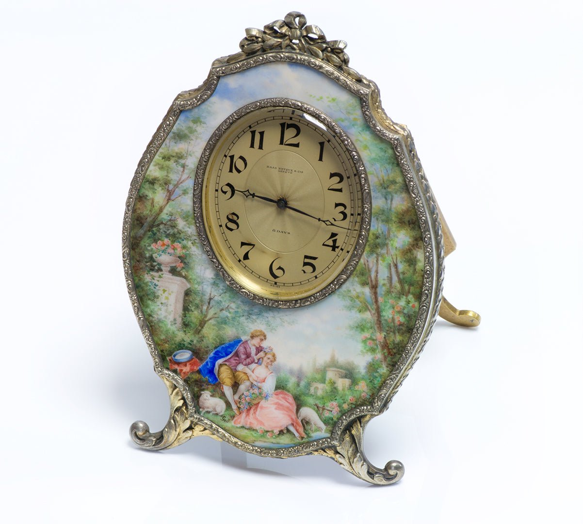 Antique Haas Neveux & Co. Geneve 8 Days Silver Enamel Clock