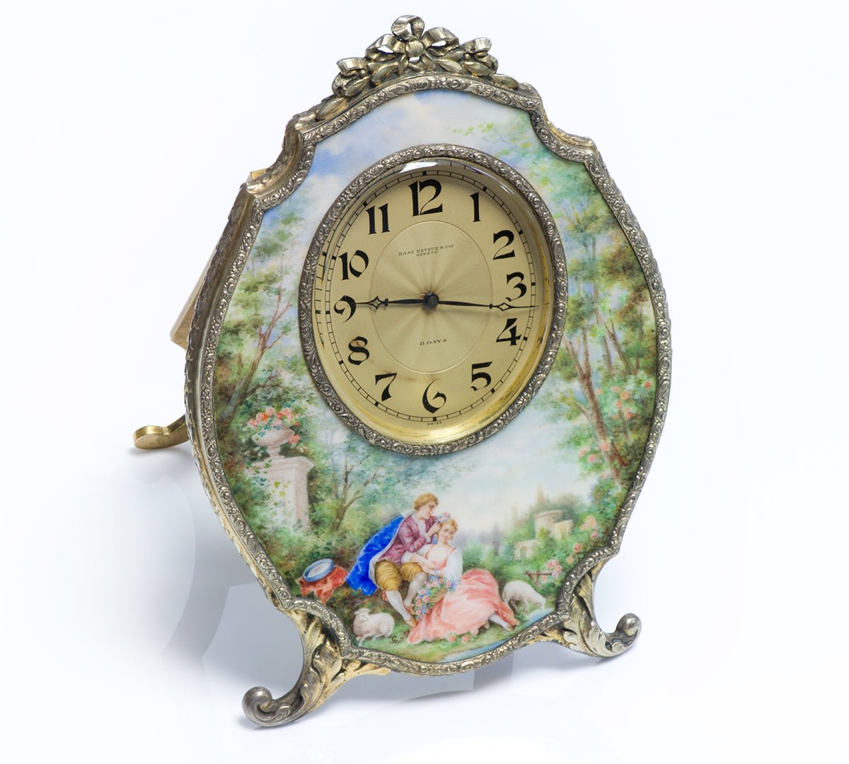 Antique Haas Neveux & Co. Geneve 8 Days Silver Enamel Clock