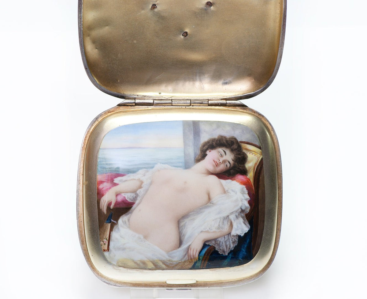 erotic cigarette case Antique Hidden Mistress Erotic Nude Enamel Silver Cigarette Case