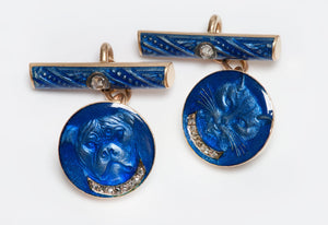 Antique Iridescent Enamel Gold Diamond Cat & Dog Cufflinks