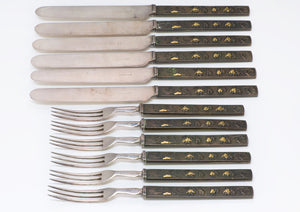 Antique Japanese Shakudo Kozuka Knife Fork Dessert Set
