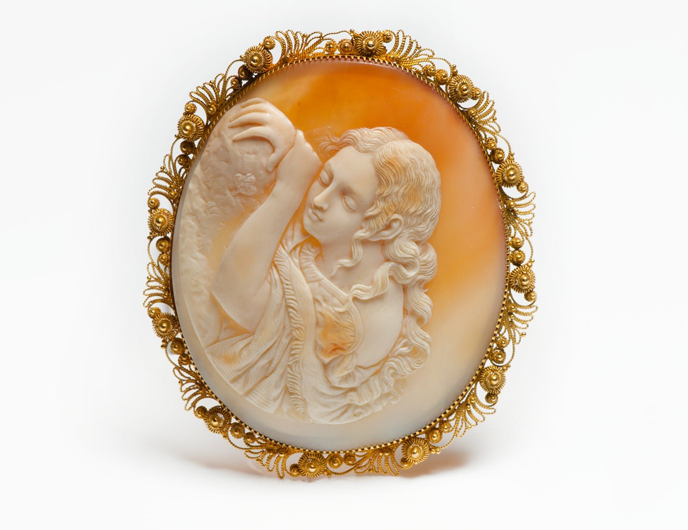 Antique Large Shell Filigree Gold Cameo Lady Brooch