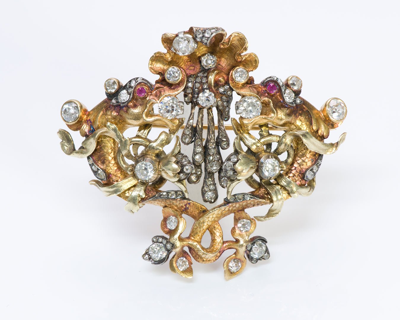 Antique Leitão & Irmão 18K Gold Ruby Diamond Brooch - DSF Antique Jewelry