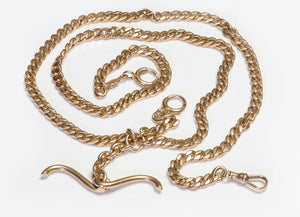 Antique Long Gold Link Fob Watch Chain & Bar