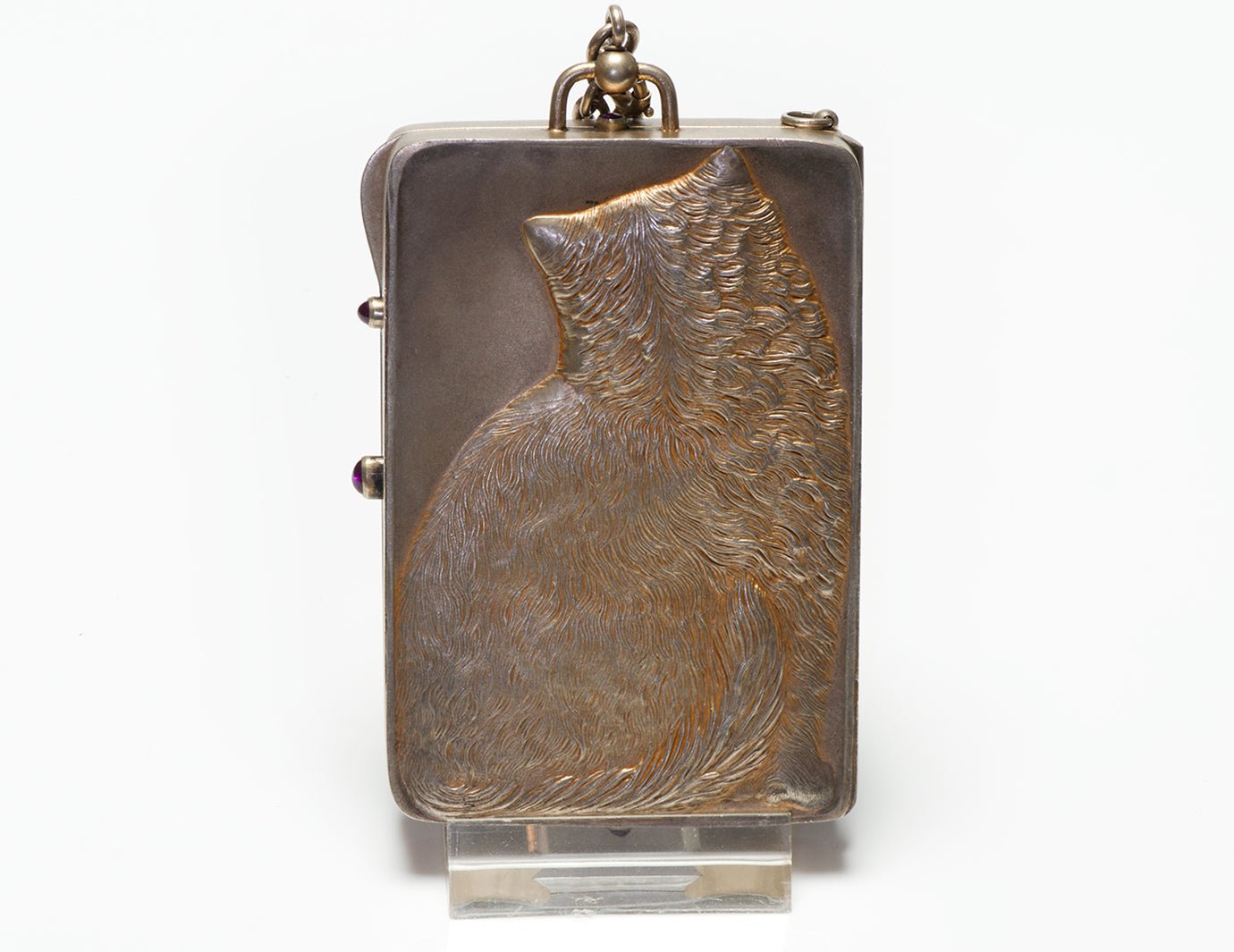 Antique Louis Kuppenheim Silver Gilt Kitty Cat Ruby Compact and Chain