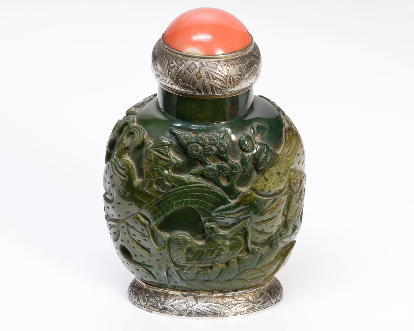 Antique Maison Maquet Jade Coral Silver Snuff Bottle Lighter - DSF Antique Jewelry