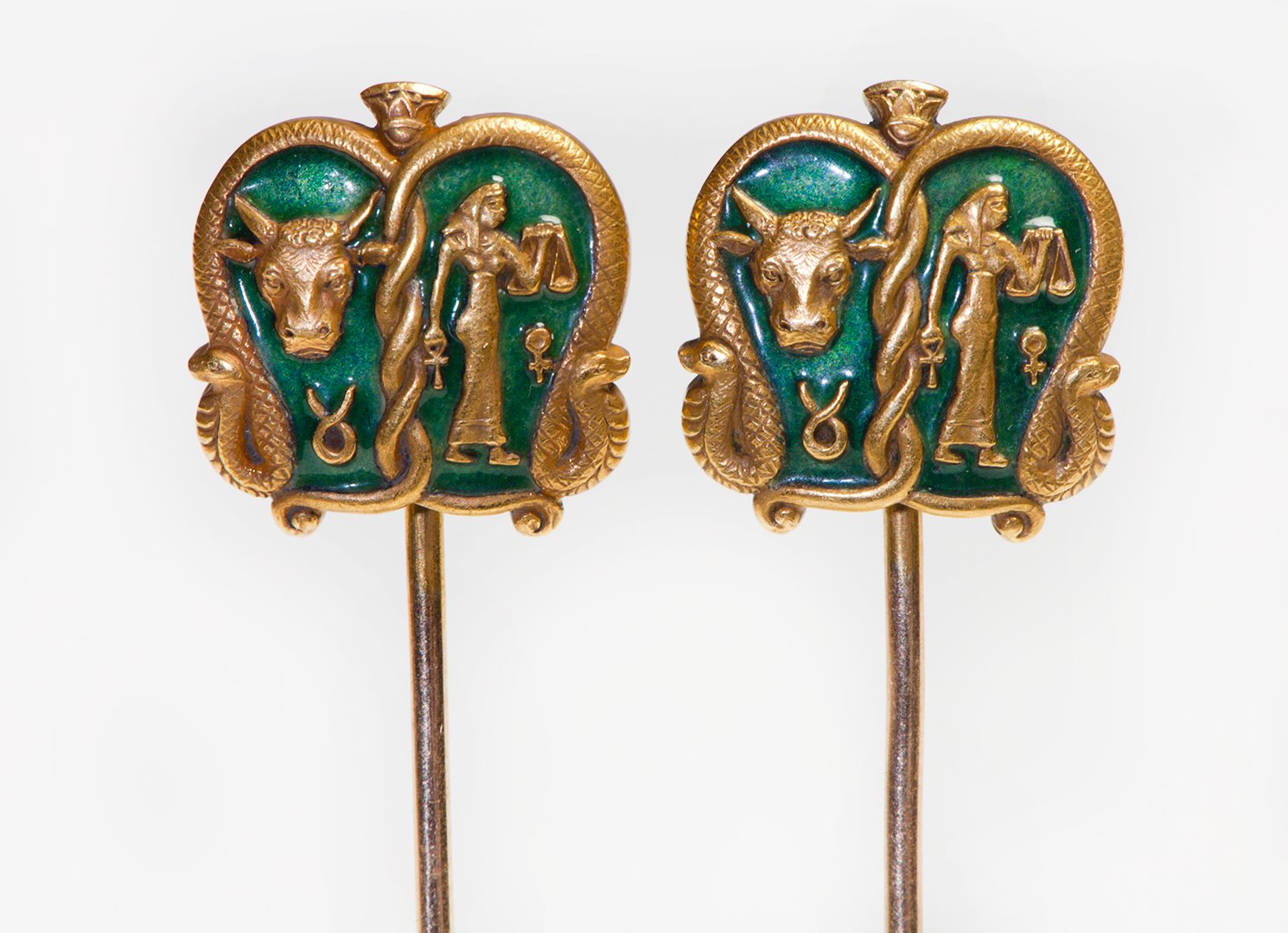 Antique Marcus & Co. Egyptian Revival Gold Enamel Stick Pins