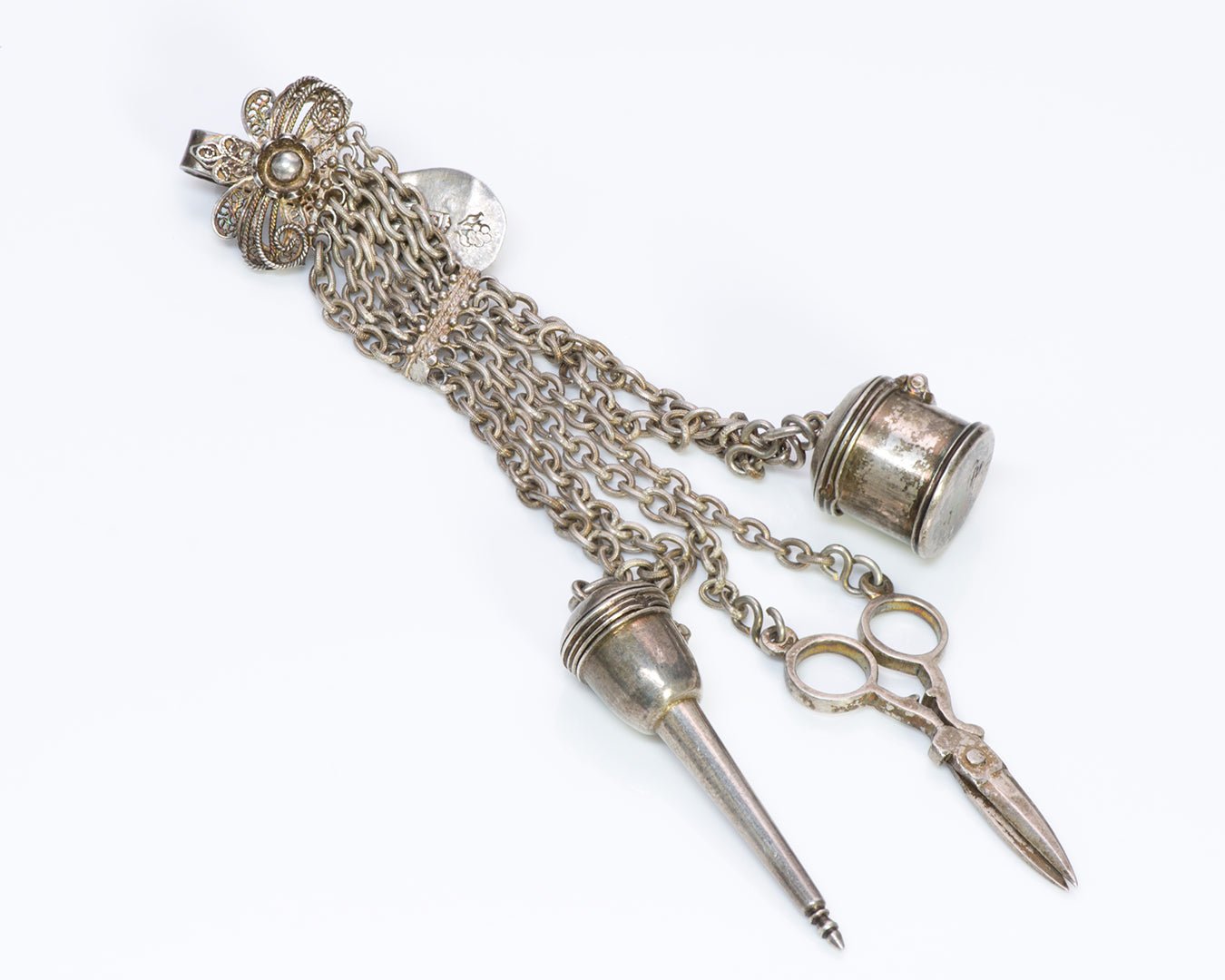 Antique Miniature Silver Chatelaine Sawing Items - DSF Antique Jewelry