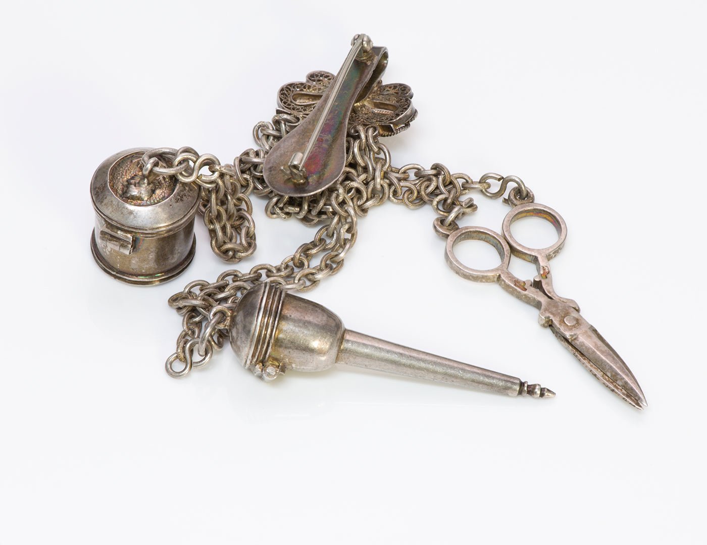 Antique Miniature Silver Chatelaine Sawing Items