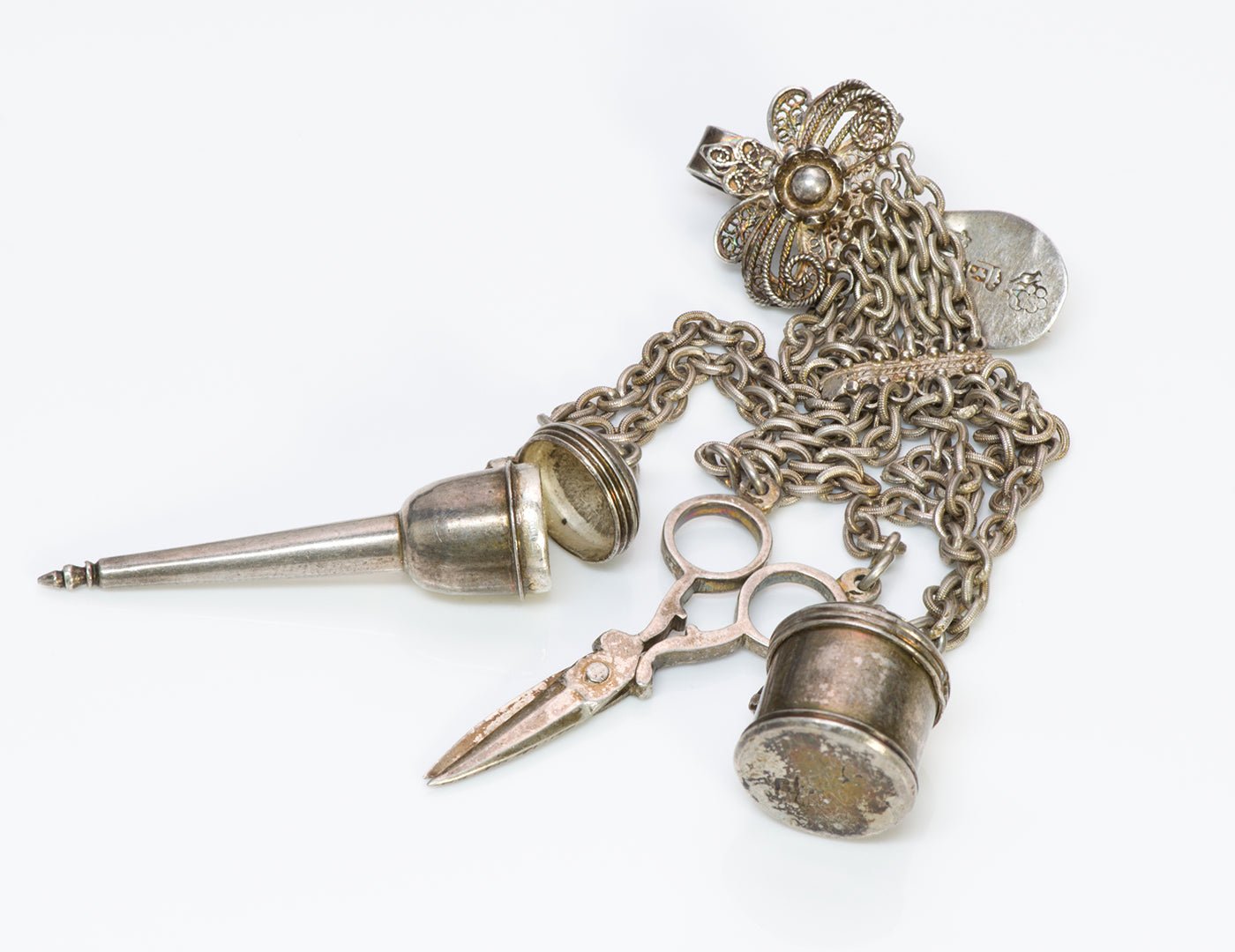 Antique Miniature Silver Chatelaine Sawing Items