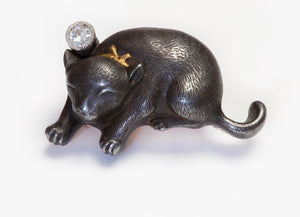 Antique Mixed Metal Japanese Cat Diamond Pendant with Ribbon Attachment