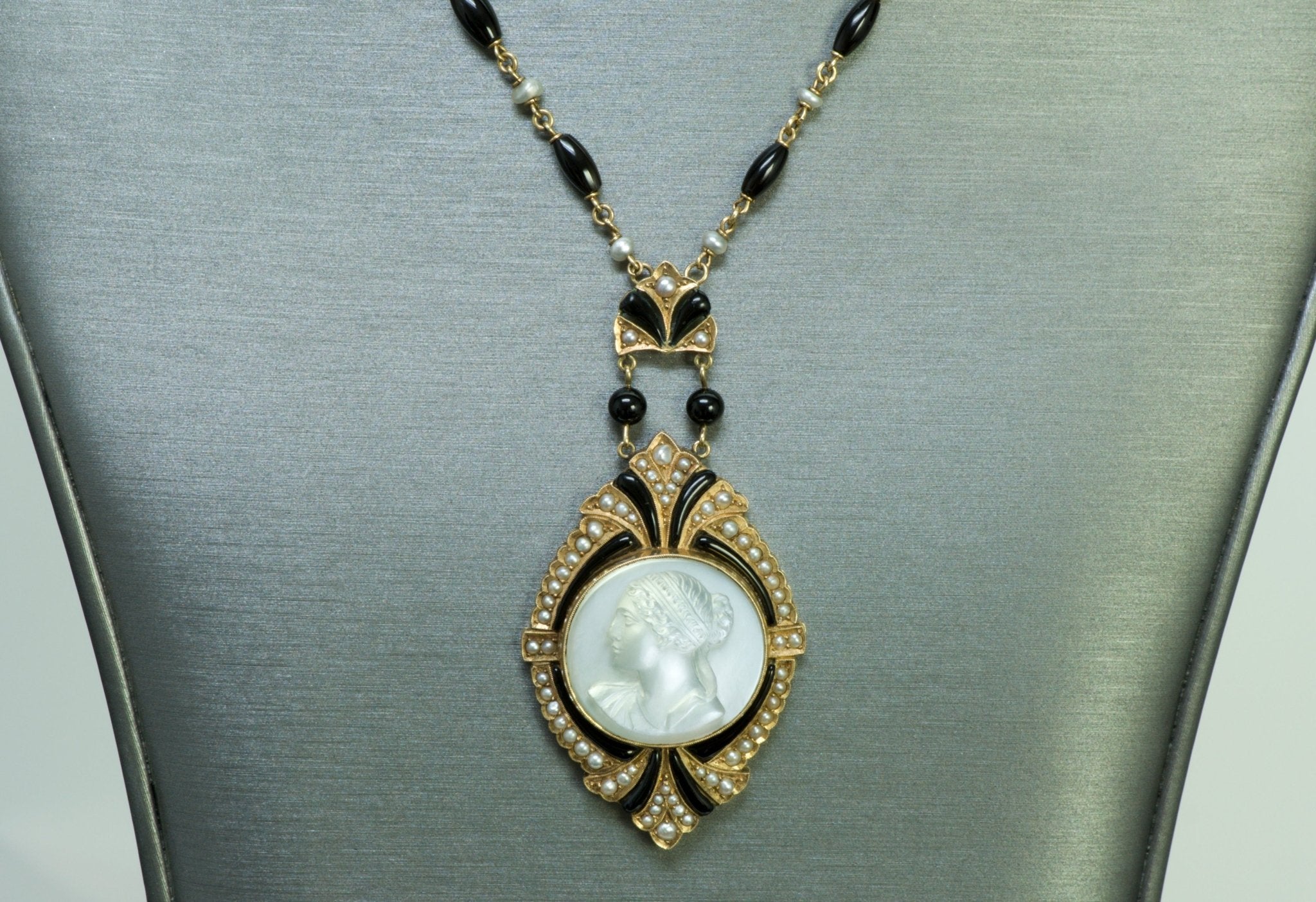 Antique Moonstone Cameo Gold Pearl Enamel Pendant