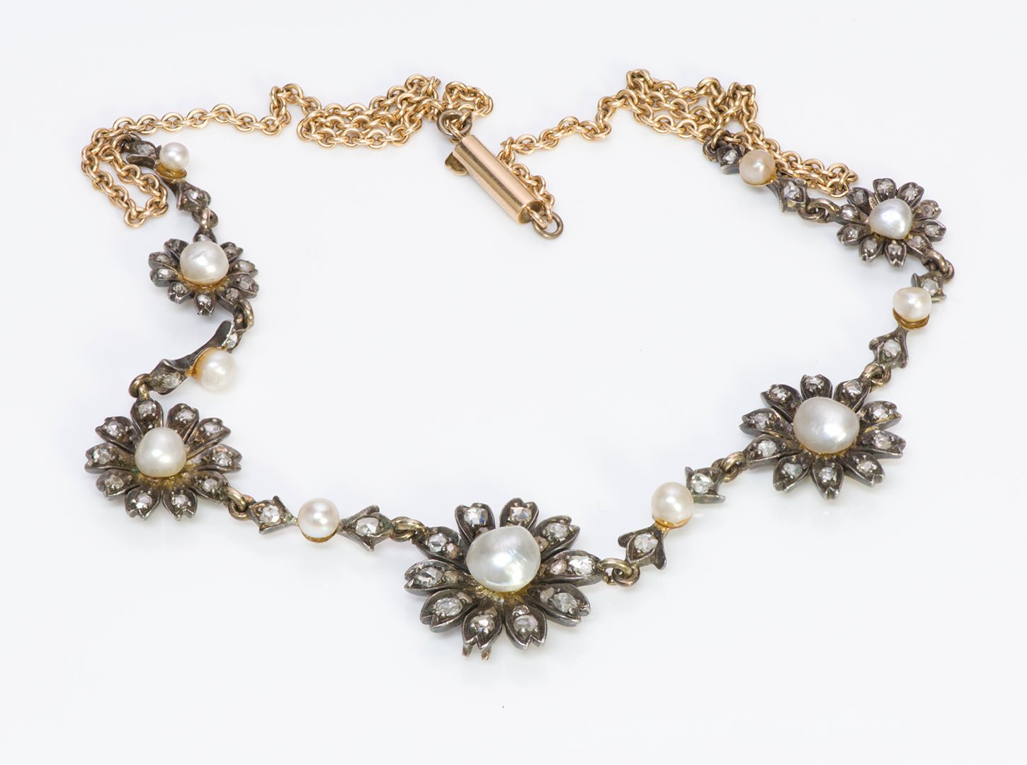 Antique Natural Pearl Silver Toped Gold & Diamond Necklace