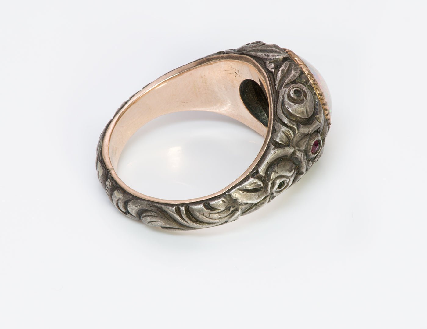 Antique Opal Carved Silver Gold Men's Ring