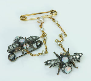 Antique Opal Diamond Gold Silver & Pearl Bug Pin