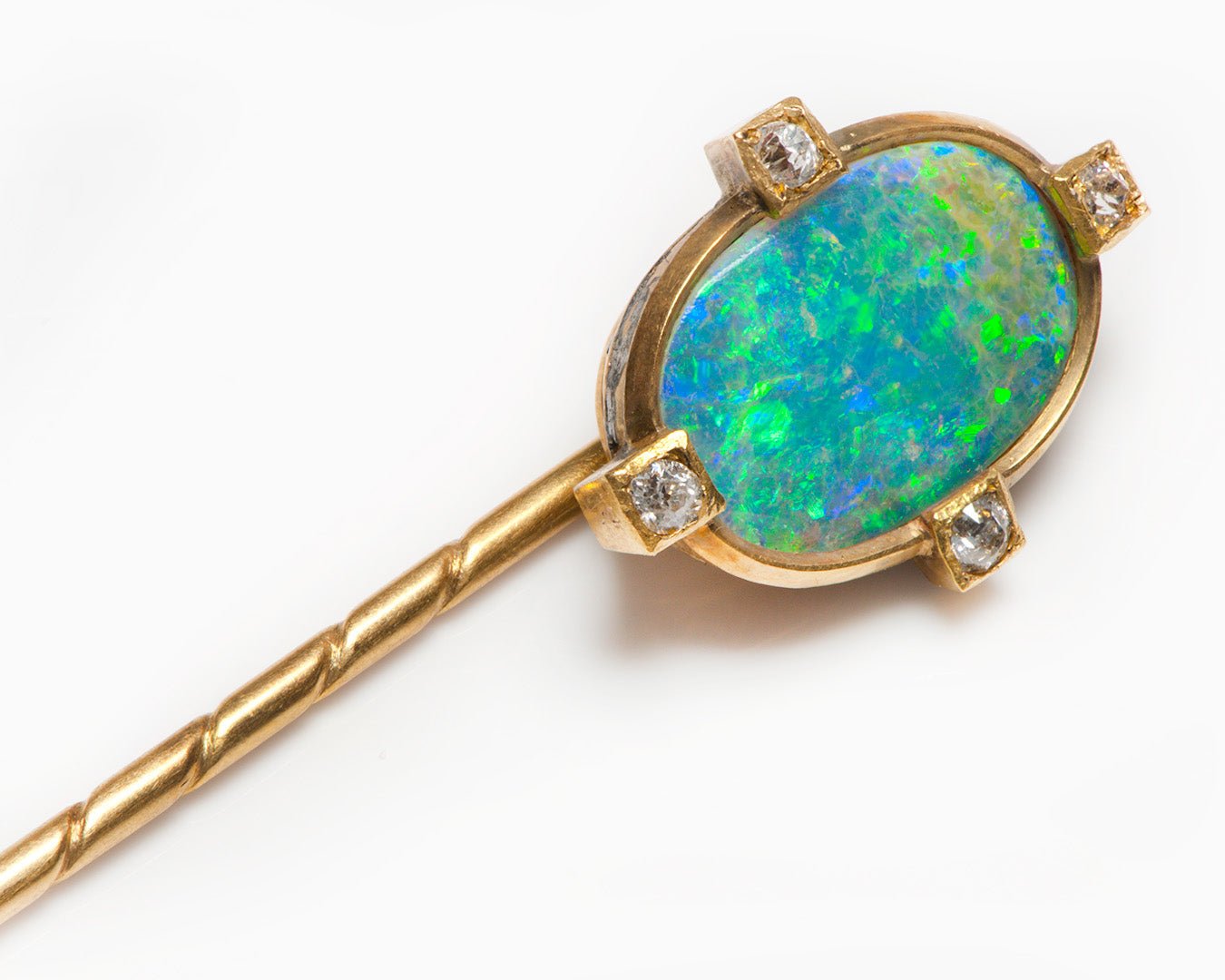 Antique Opal Old Mine Cut Diamond Gold Stick Pin