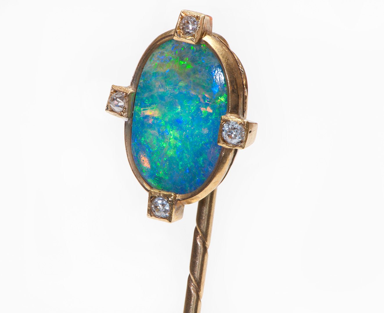 Antique Opal Old Mine Cut Diamond Gold Stick Pin - DSF Antique Jewelry