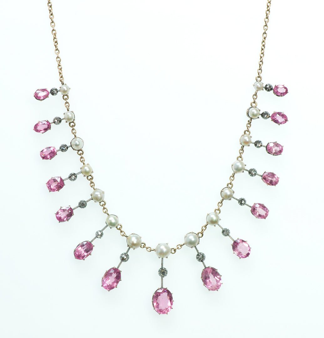 Antique Pink Tourmaline Pearl and Diamond Necklace - DSF Antique Jewelry