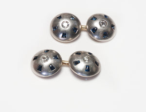 Antique Platinum Gold Old Mine Cut Diamond & Sapphire Cufflinks