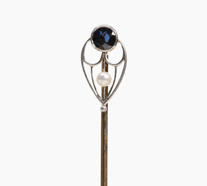 Antique Platinum Gold Sapphire Pearl Stick Pin