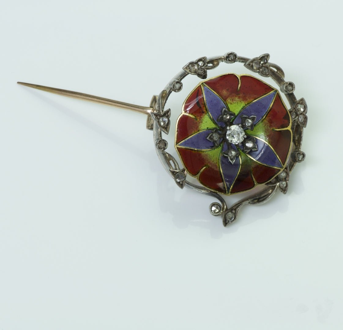 Antique Plique a Jour Flower Diamond Brooch - DSF Antique Jewelry
