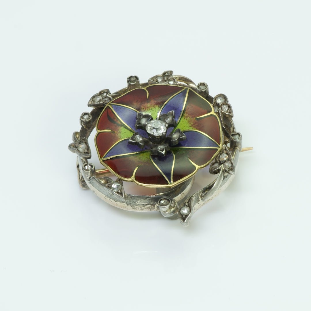 Antique Plique a Jour Flower Diamond Brooch