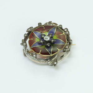 Antique Plique a Jour Flower Diamond Brooch