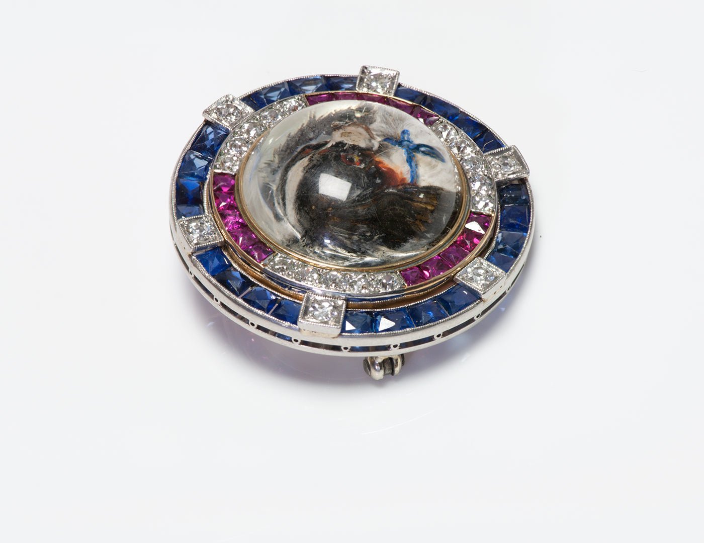 Antique Reverse Crystal Platinum Gold Ruby Sapphire Diamond Dog Brooch