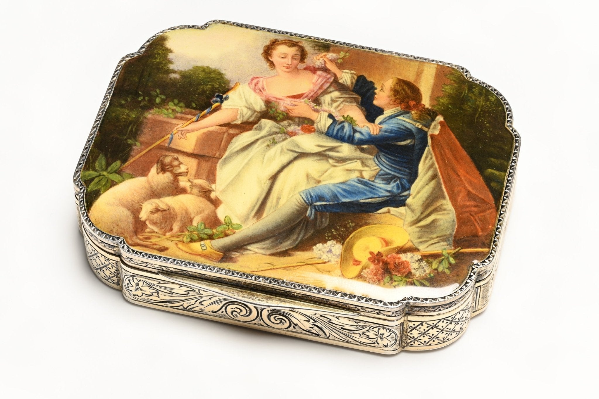 Antique Romantic Elegance: Victorian Silver Enamel Case with Scene
