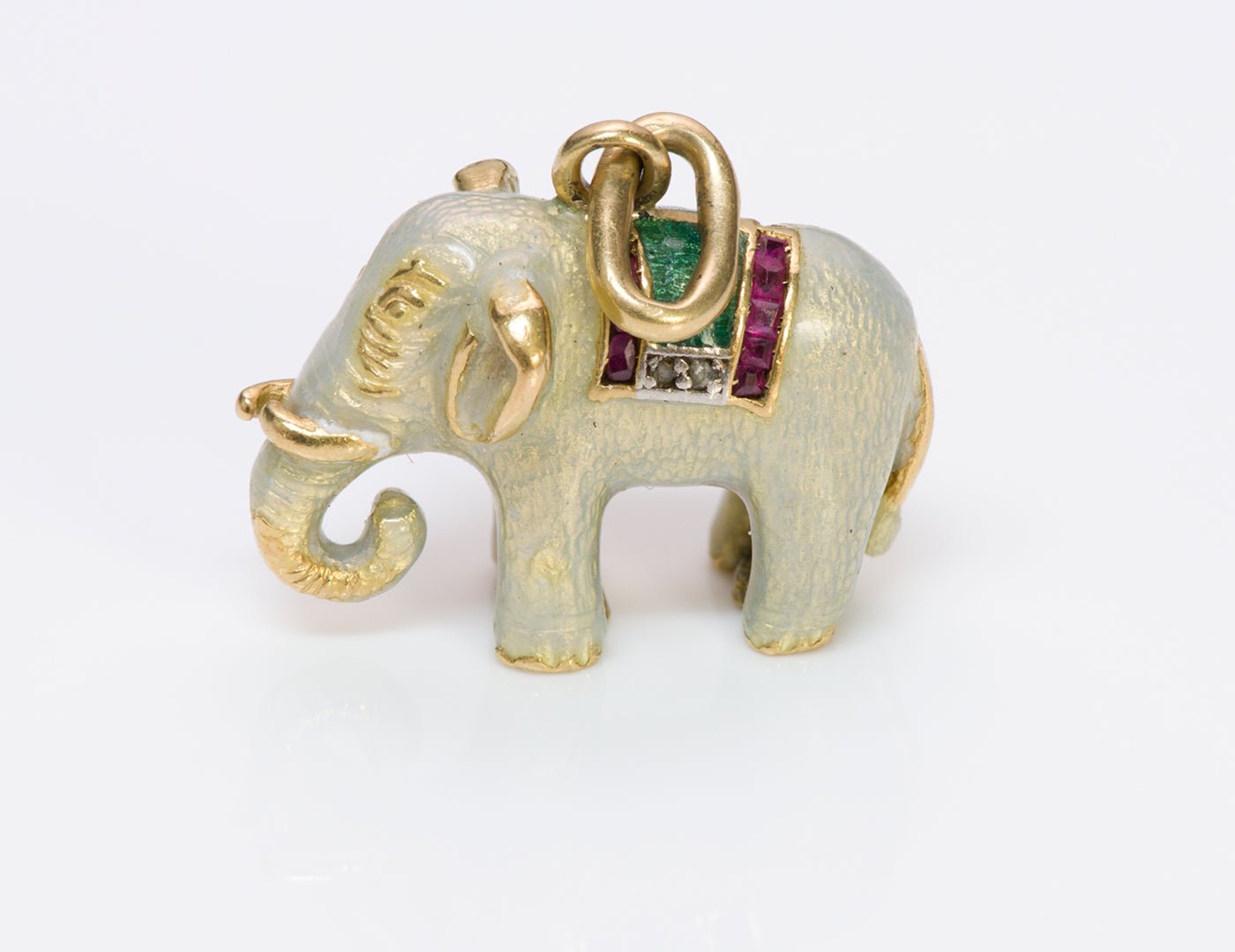 Antique Ruby Diamond 18K Gold Enamel Elephant Charm Pendant