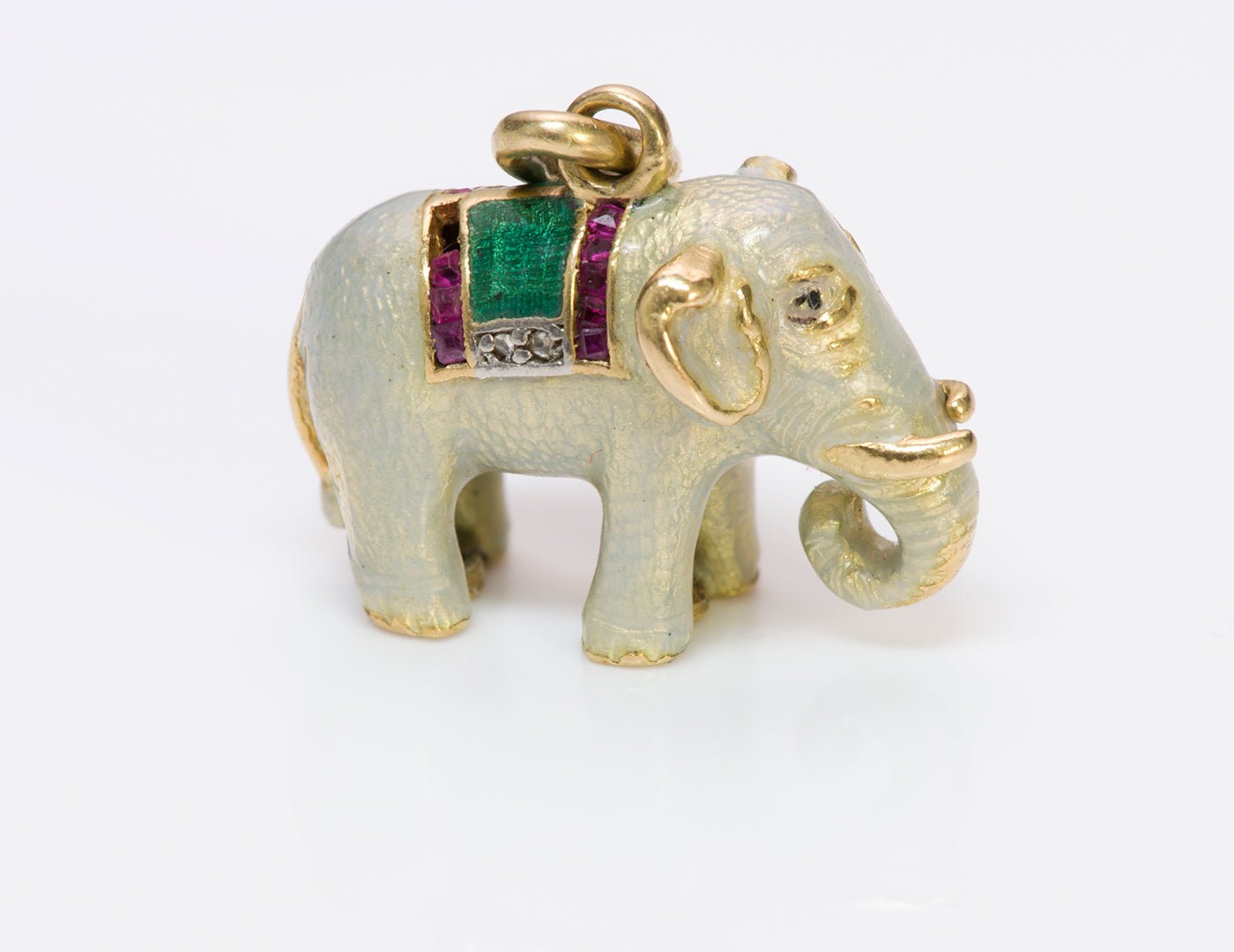 Antique Ruby Diamond 18K Gold Enamel Elephant Charm Pendant