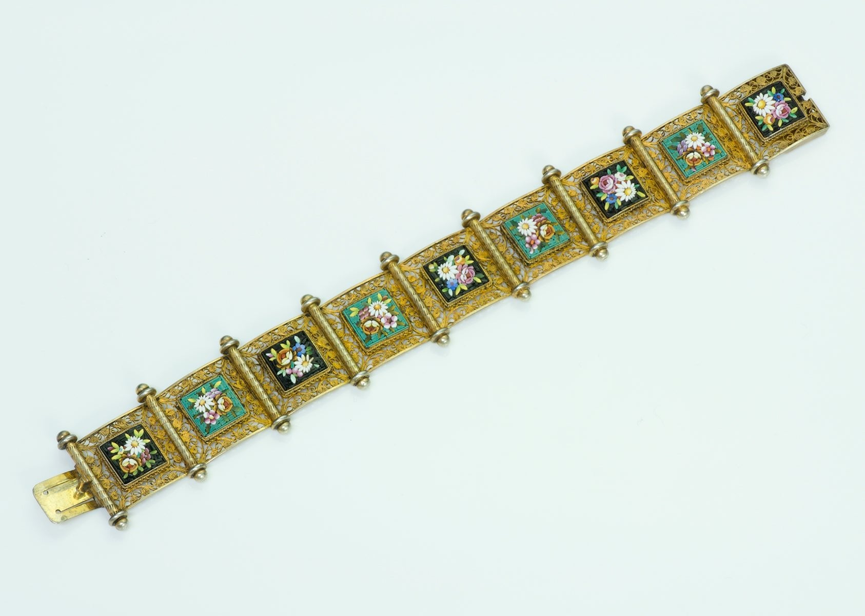 Antique Silver Gilt Filigree Mosaic Flower Bracelet - DSF Antique Jewelry