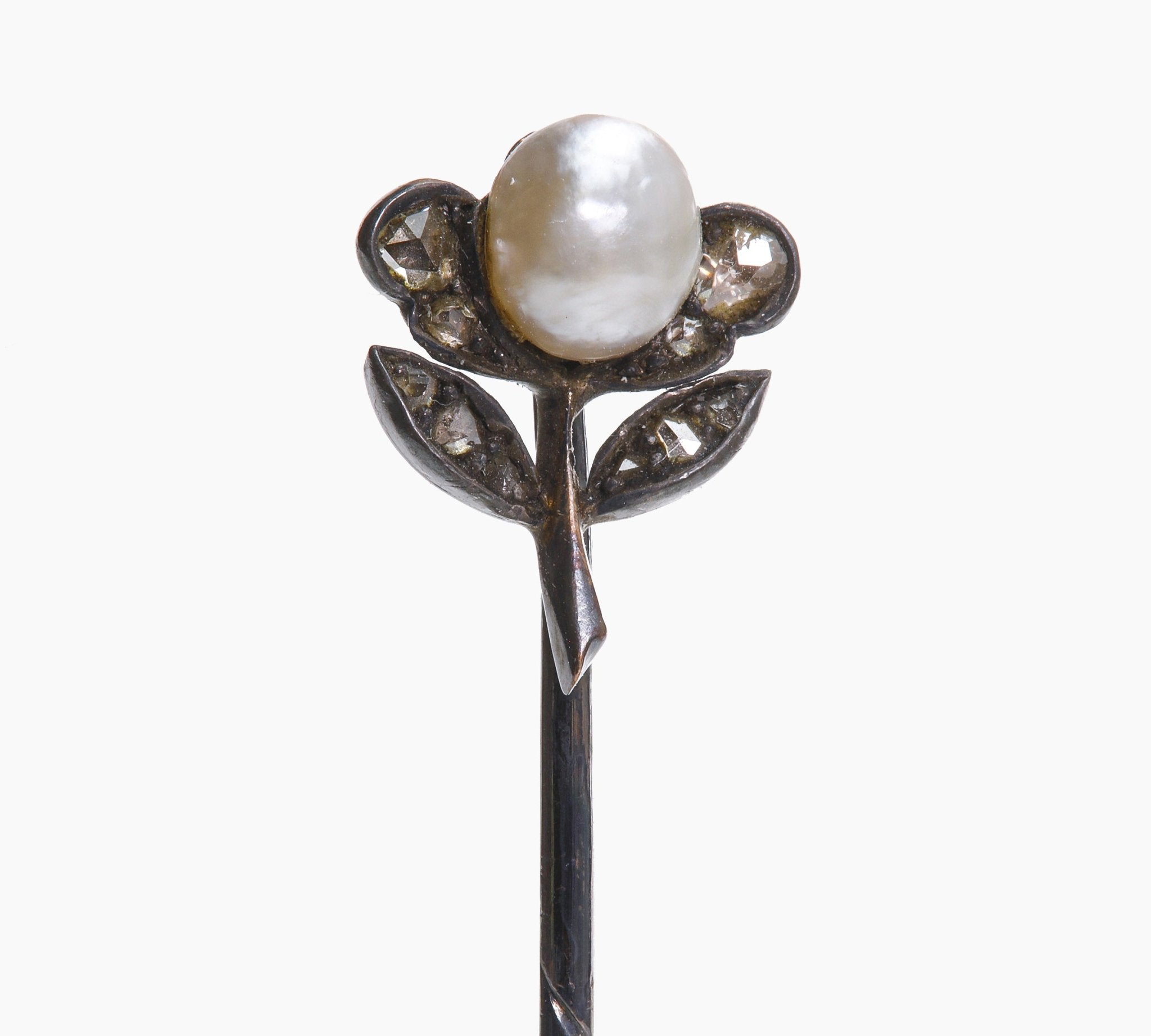 Antique Silver Gold Rose Diamond Natural Pearl Stick Pin - DSF Antique Jewelry