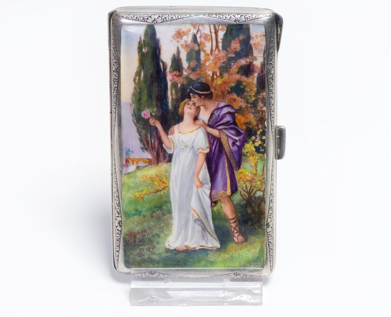 Antique Silver Iridescent Enamel Romantic Scene Cigarette Case