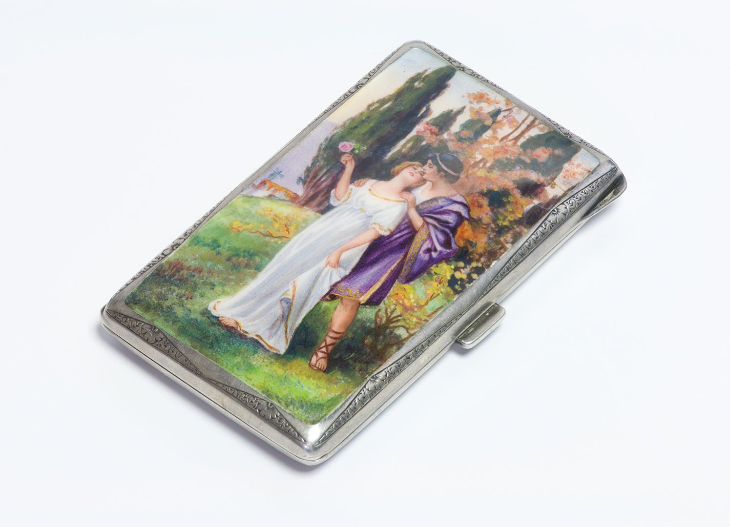 Antique Silver Iridescent Enamel Romantic Scene Cigarette Case