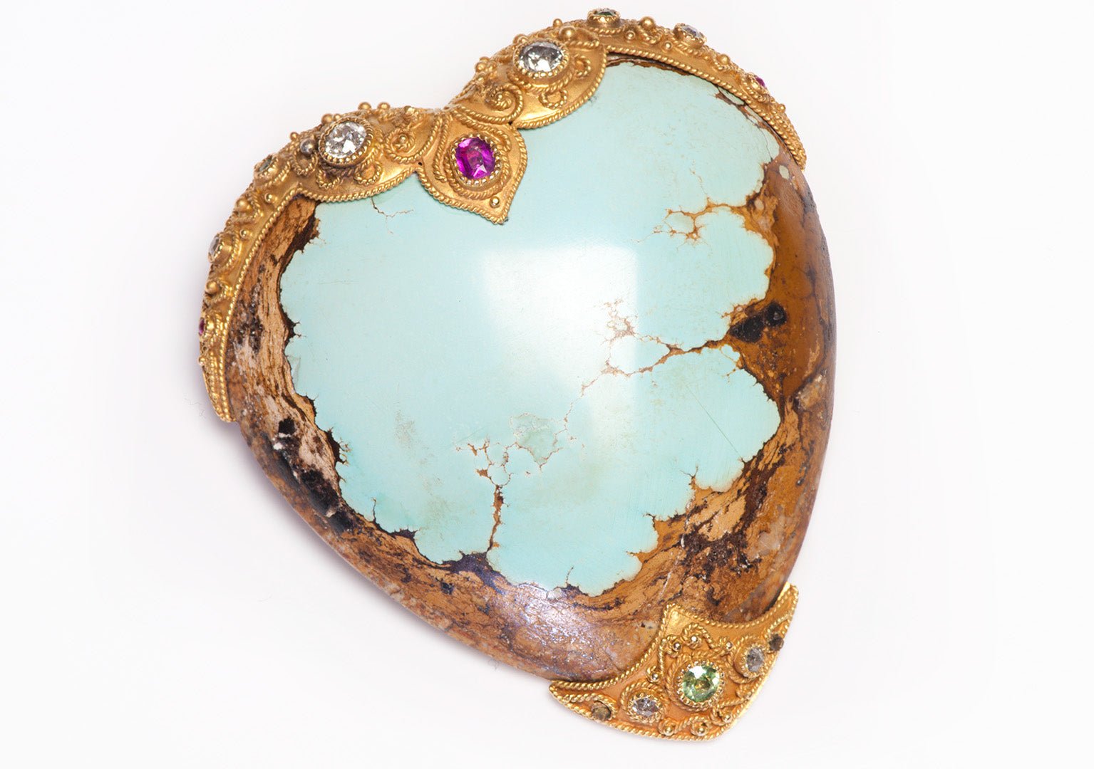 Antique Specimen Turquoise Gold Diamond Ruby Demantoid Heart Brooch - DSF Antique Jewelry