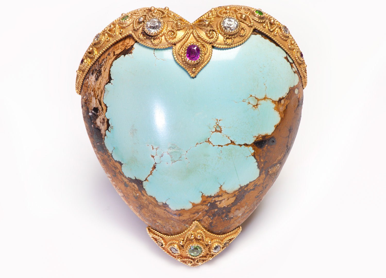 Antique Specimen Turquoise Gold Diamond Ruby Demantoid Heart Brooch - DSF Antique Jewelry