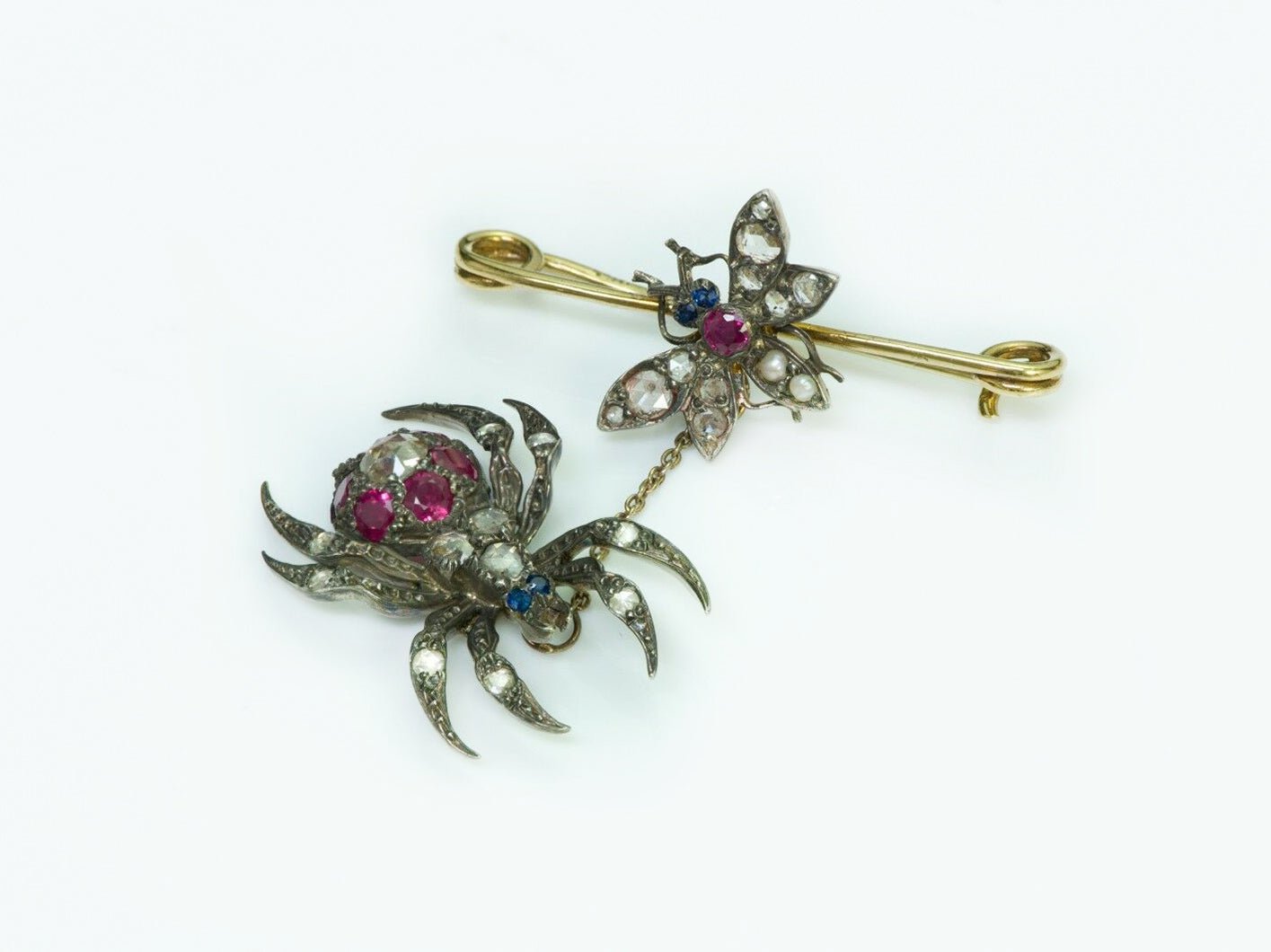 Antique Spider & Fly Yellow Gold Rose Cut Diamond Brooch Pin - DSF Antique Jewelry