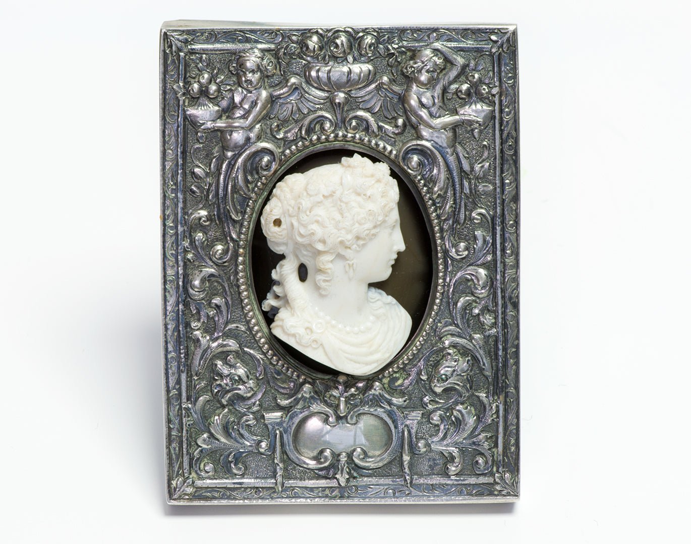 Antique Stone Cameo Set In Ornate Silver Cupid & Griffin Frame - DSF Antique Jewelry