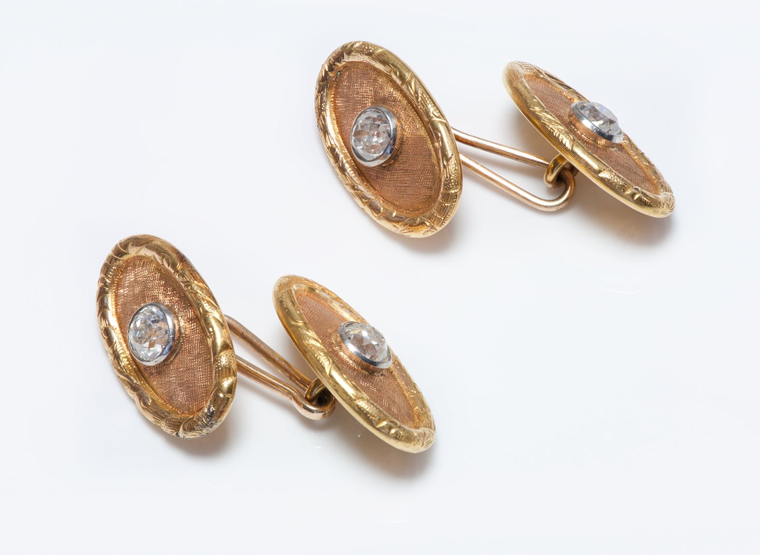 Antique Tiffany & Co. Florentine Gold & Diamond Oval Cufflinks - DSF Antique Jewelry