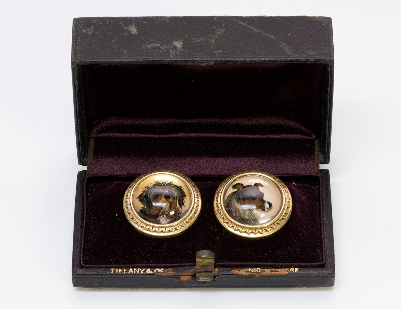 Antique Tiffany Reverse Crystal 18K Gold Dog Cuff Buttons