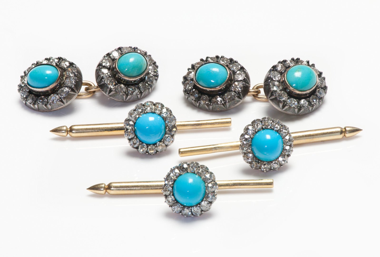Antique Turquoise Diamond Cufflink Stud Set - DSF Antique Jewelry