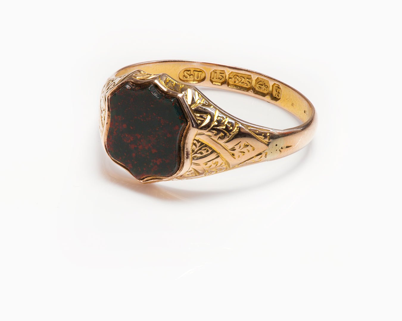 Antique Victorian 15K Gold Bloodstone Shield Signet Men's Ring - DSF Antique Jewelry