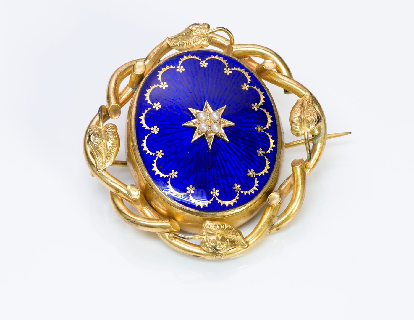 Antique Victorian 9ct Gold Enamel Diamond Pearl Ruby Reversible Brooch - DSF Antique Jewelry